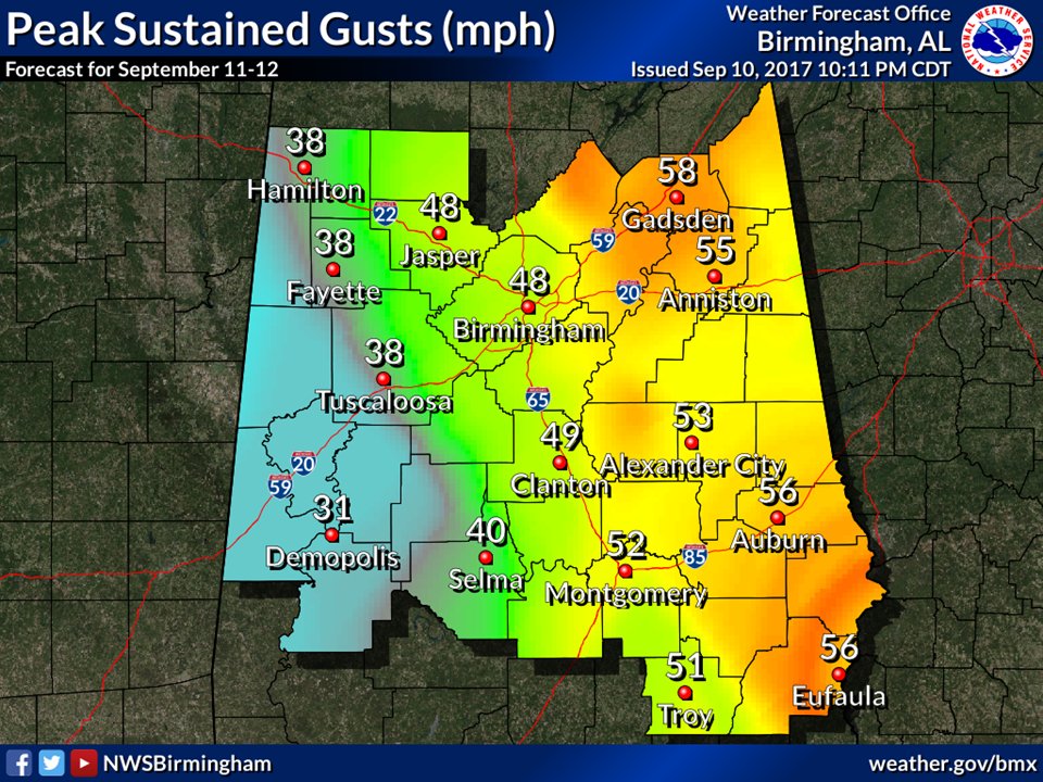 NWSBirmingham's tweet photo. UPDATE: Tropical Storm Warning east of I-65; Wind Advisory along/west of I-65. Rain region-wide. Downed trees/power outages expected. #alwx https://t.co/Ic3pJSVKup