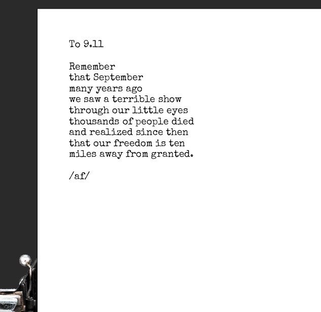 ArgirisFyt's tweet photo. A poem by me dedicated to the #memorandum of #911th #terroristattack to #USA
#amwriting #poetry https://t.co/EC2t4AZZlq