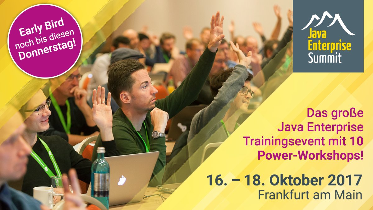 JavaESummit's tweet photo. Der Early Bird des #JavaEnterpriseSummit endet diesen Donnerstag! Schnell noch anmelden und bis zu 100 € sparen! https://t.co/8PGiqrZG87 https://t.co/ids9Swf0Bw