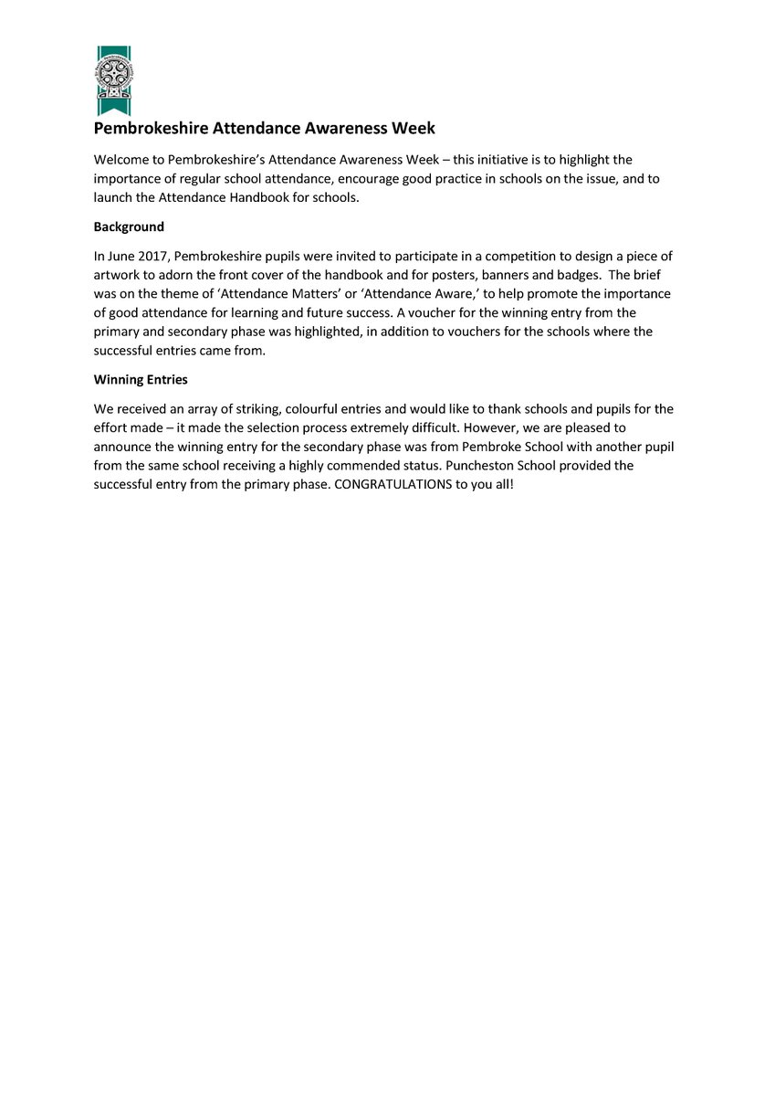 **Pembrokeshire Attendance Awareness Week** Look out for in-school events &amp; information on how you can be involved. <a href="/Pembrokeshire/">PembrokeshireCC</a> #Pembs