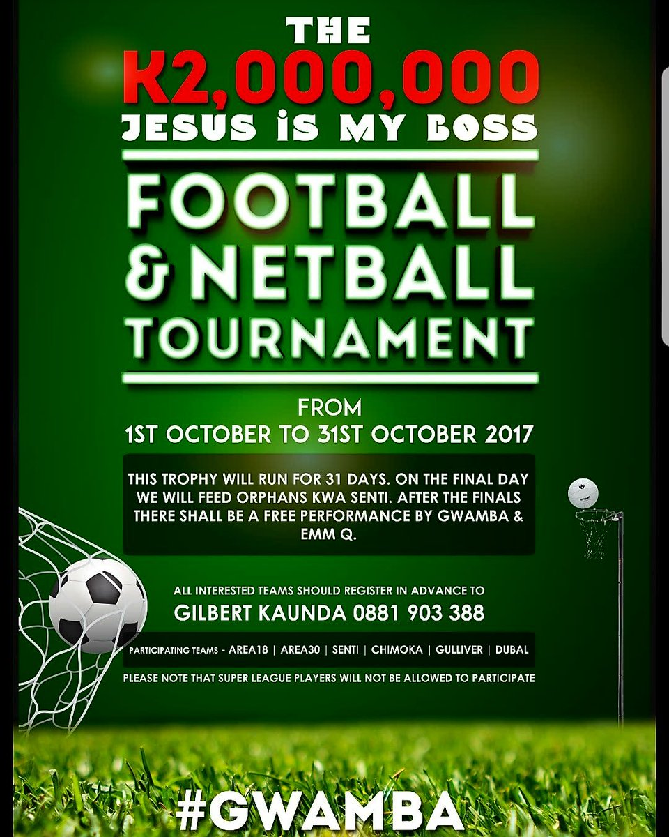 Less than 3 weeks to go. 2 Million Kwacha Jesus Is My Boss Football and Netball Tournament. It will be 🔥.

🇲🇼