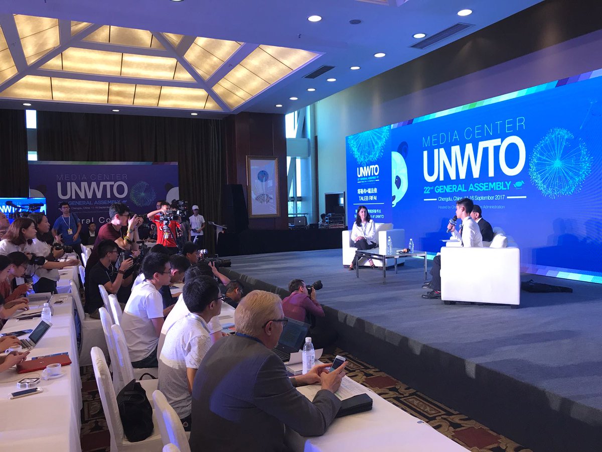 UNWTO's tweet photo. Happening today the SG #TalebRifai pre #UNWTOGAChina brief to Chinese media about the General Assembly &amp; highlights the #tourism in China🇨🇳 https://t.co/wYUeM4EzgG