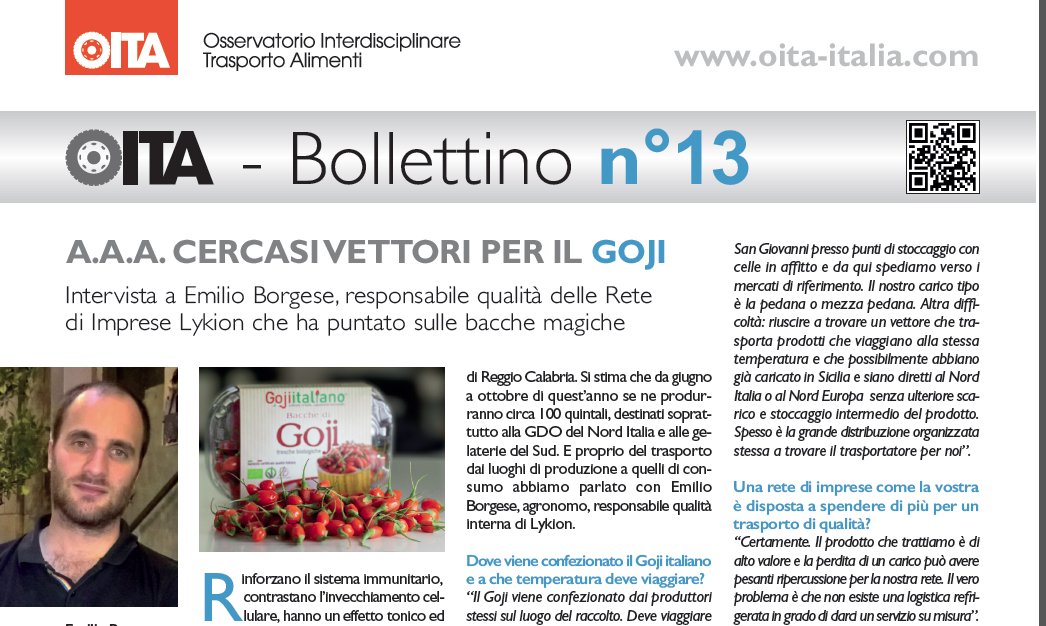 Bollettino13
Trasporto bacche #goji con intervista a Emilio Borgese, e nuovo progetto #OITA sul #trasporto #farmaci. goo.gl/ndr8kG