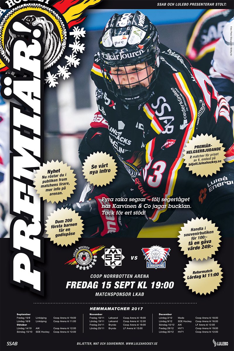 LuleaHockey's tweet image. På fredag kväll är det hemmapremiär för LHF/MSSK.
Köp förköp på biljett.luleahockey.se och få inträdet till helgens båda matcher på köpet.