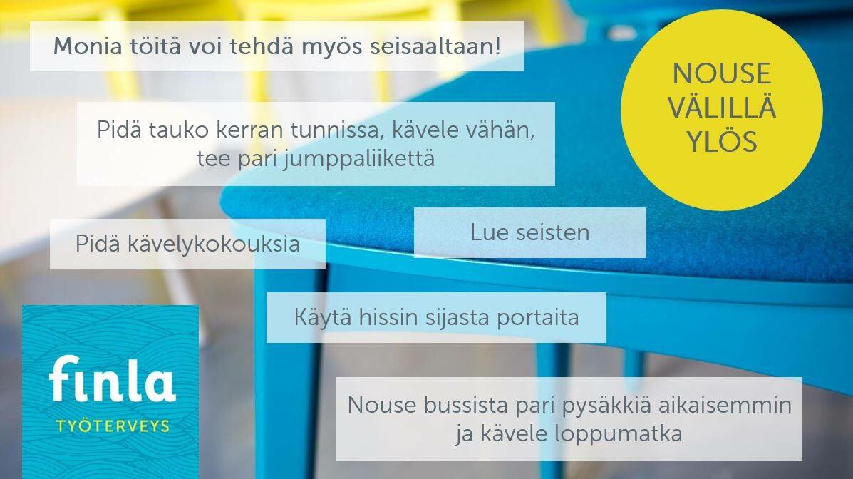 SatuLantto's tweet photo. Kuinka paljon sinä istut työpäiväsi aikana? #istuminen #nouseylös @TyoterveysFinla https://t.co/Ah9IUtWmSV
