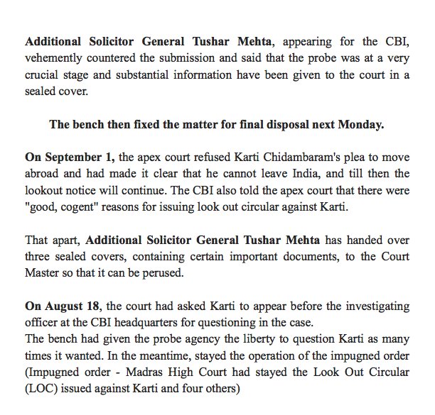 #SupremeCourt today fixed the CBI appeal challenging #MadrasHC order staying LOC against #KartiChidambaram for final disposal next Monday.