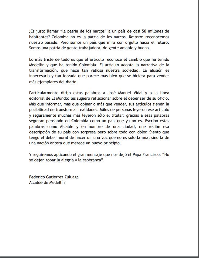 jsanchezcristo's tweet photo. Respuesta del alcalde de Medellín al periódico El Mundo de España, por cuenta de su titular..la patria de los narcos https://t.co/6dfVoValoE
