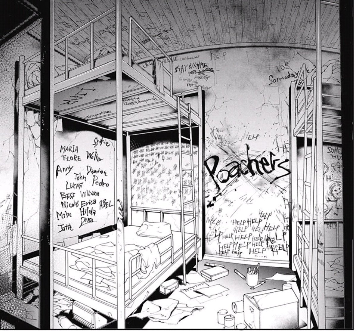 ぐんぐにる 約束のネバーランド 感想 ﾋｪｯ Portal の隠し部屋を思い出しました たくさんの数の Help 途中から数えられなくなった日付 そして左の壁には名前 そこには Lucas ルーカス と John ジョン の文字も 密猟者 とは一体