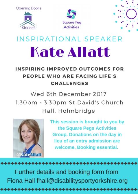 OpeningDoorsKir's tweet photo. @DisSportYorks @tweetfyd @KumonYall Free inspirational workshop #motivate #letsgetoutandabout #meetchallenges @WeAreDewsbury #kirklees https://t.co/a5pQZOlAMc