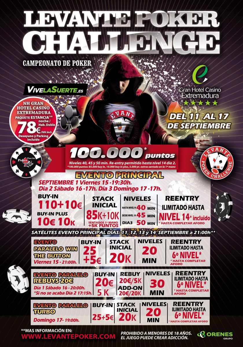 Hoy a las 21h. daremos inicio al #Satélite que te llevará al #LevantePokerChallenge del <a href="/CasinoExtremadu/">Orenes Gran Casino Extremadura</a> el viernes 15. ¿Vas a perdértelo?