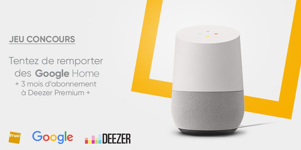JEU CONCOURS: Tentez de gagner des #GoogleHome <a href="/GoogleFR/">Google FR</a> et 3 mois d'abonnement à <a href="/DeezerFR/">Deezer France</a> Premium + ! Pour participer > RT + Follow <a href="/Fnac/">Fnac</a>