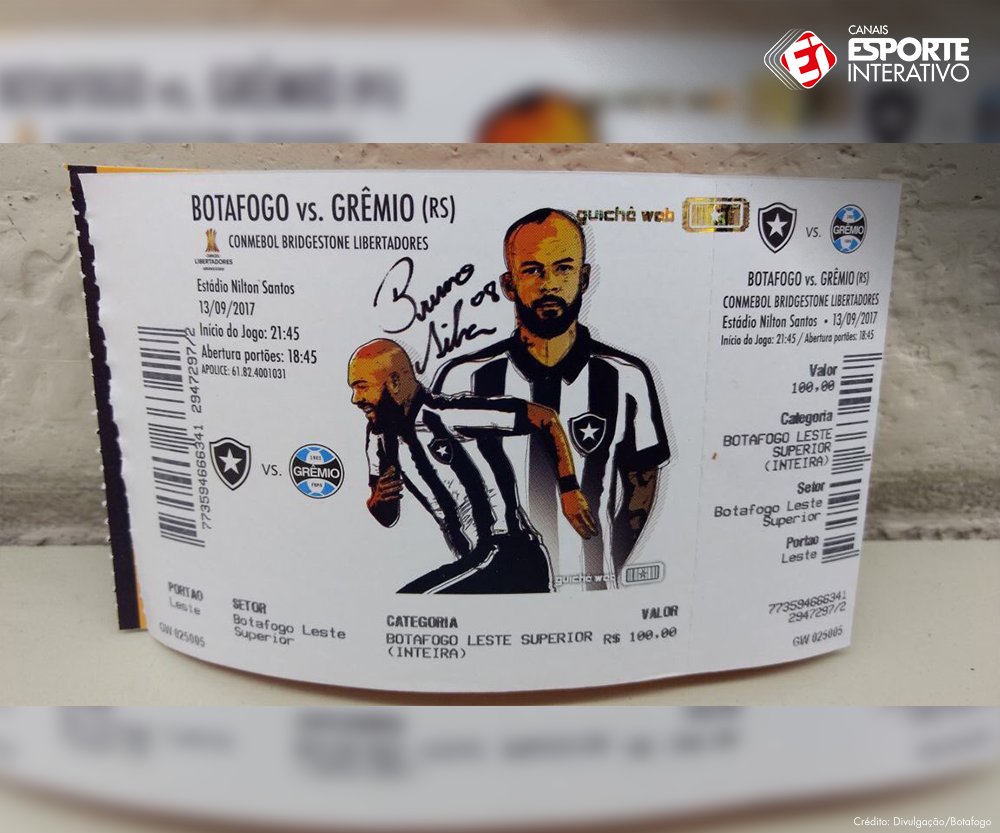 Olha aí como é o ingresso do <a href="/BotafogoOficial/">_Botafogo_</a> para o jogo contra o <a href="/Gremio/">Grêmio FBPA</a>, pela Libertadores! Homenagem ao volante Bruno Silva! 🔥🔥
