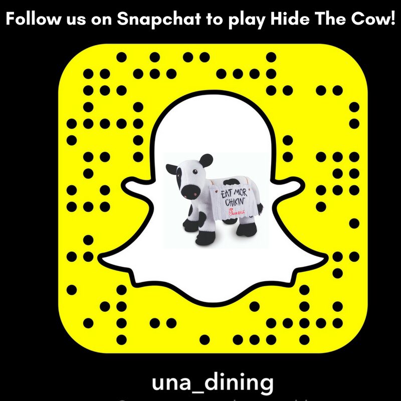 UNA_Dining's tweet photo. Hey UNA, you want a free Chick-fil-A sandwich? Follow us on Snapchat to play HIDE THE COW!!! 🐮👻🐮👻🐮 https://t.co/xpjkwaUYQu