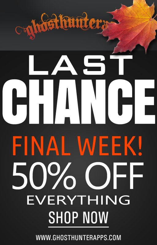 GhostHunterApps's tweet photo. LAST CHANCE, FINAL WEEK!
FALL SALE @ https://t.co/463BvP6qkq
50% OFF EVERYTHING @ #GHOSTHUNTERAPPS
#SHARE #RETWEET & TELL EVERYONE! 💀👻 https://t.co/AHDOufyjEp