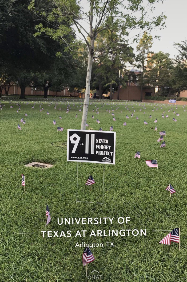 uta_yaf's tweet photo. 9/11 #NeverForgetProject at The University of Texas at Arlington. Every flag represents every death from 9/11 https://t.co/nW2BIhANQx