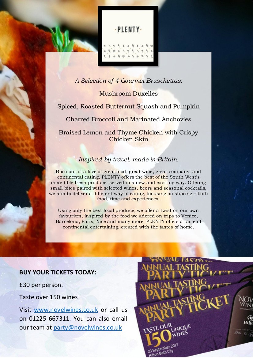 NovelWines's tweet photo. We're turning 1 on 23 Sept! 150+ wines to try &amp; this FAB menu by @PlentyBath (1st 2 bruschetta on us!) Buy tickets: https://t.co/BsKzJhMf7u https://t.co/c2nL2BmGEj