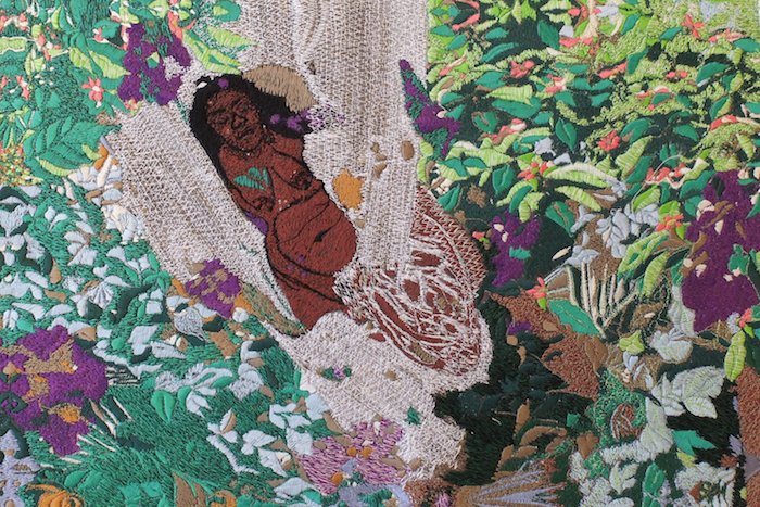 Kimathi Mafafo explores #nature and #motherhood in her solo exhibition 'Alone in Spring' at EBONY #contemporaryafricanart #embroideredpanel