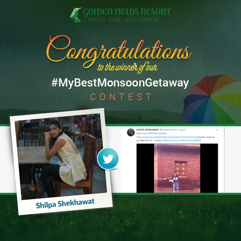 GoldenFieldsRes's tweet photo. Congratulations to @SHAANISHILPA the winner of #MyBestMonsoonGetaway contest! #GoldenFieldsResort #Contest https://t.co/rIkKdSoLfq