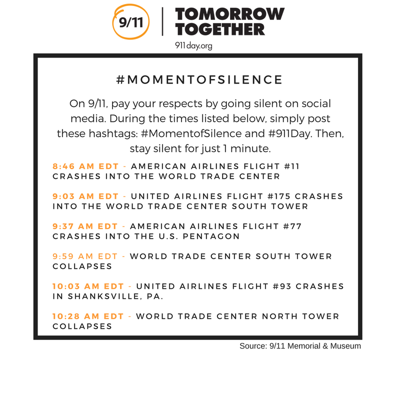 NationalService's tweet photo. In addition to volunteer service today, pay tribute on #911Day w/ moments of silence. More: https://t.co/9WQzEDMvKK @911day https://t.co/o31WyQspid