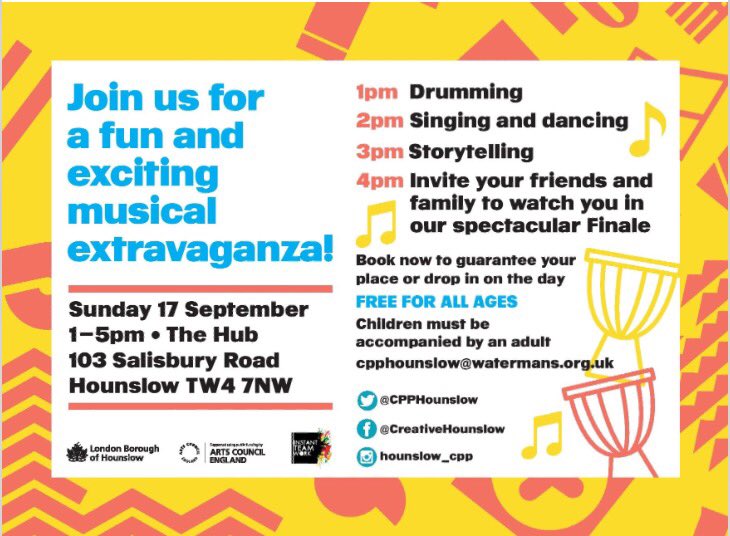 CPPHounslow's tweet photo. Join us for a musical extravaganza this Sunday 17 Sept @The Hub 103 Salisbury Rd TW4 7NW #FREE #Artisimo #TW3 Creative Space 'On the Move'! https://t.co/B1tWuoG9lb