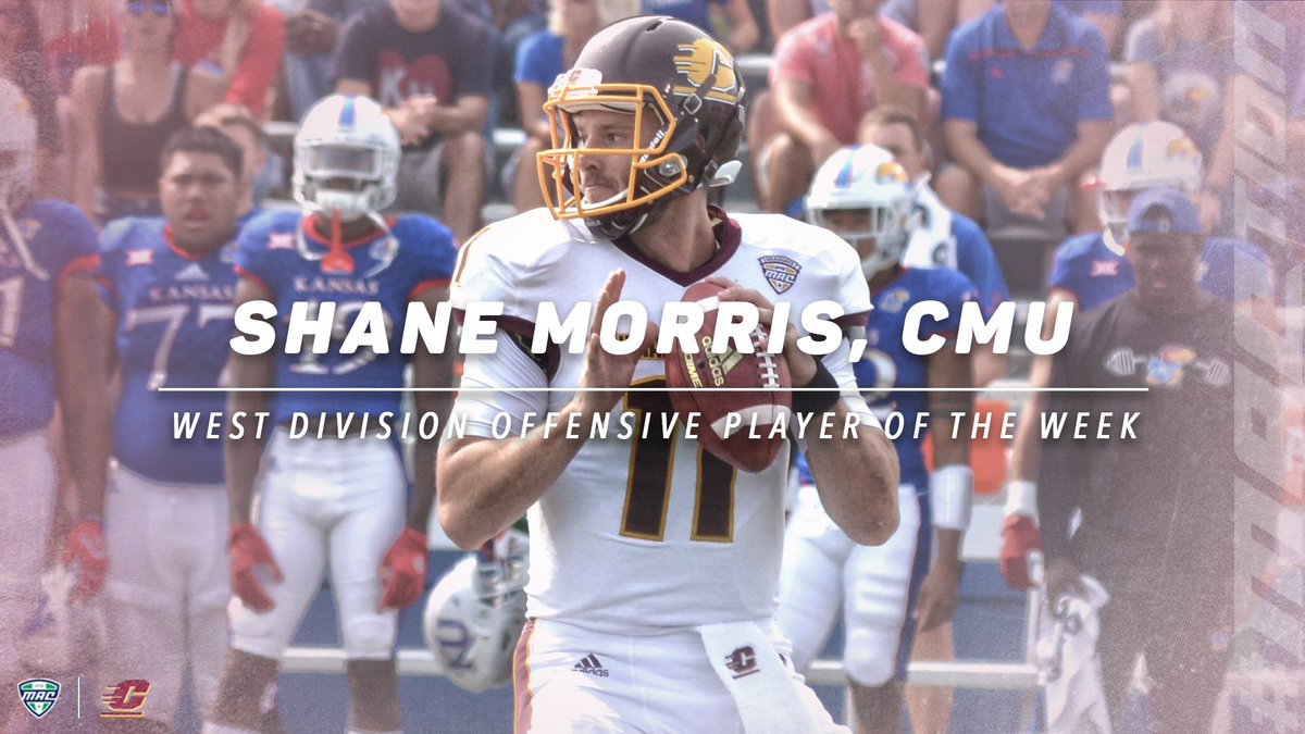 MACSports's tweet photo. Central Michigan's @ShaneMorris_7 put up 🕹 numbers (467 yards, 5 TD's) in Saturday's win over Kansas. #FireUpChips #MACtion https://t.co/E1XnCezFCB