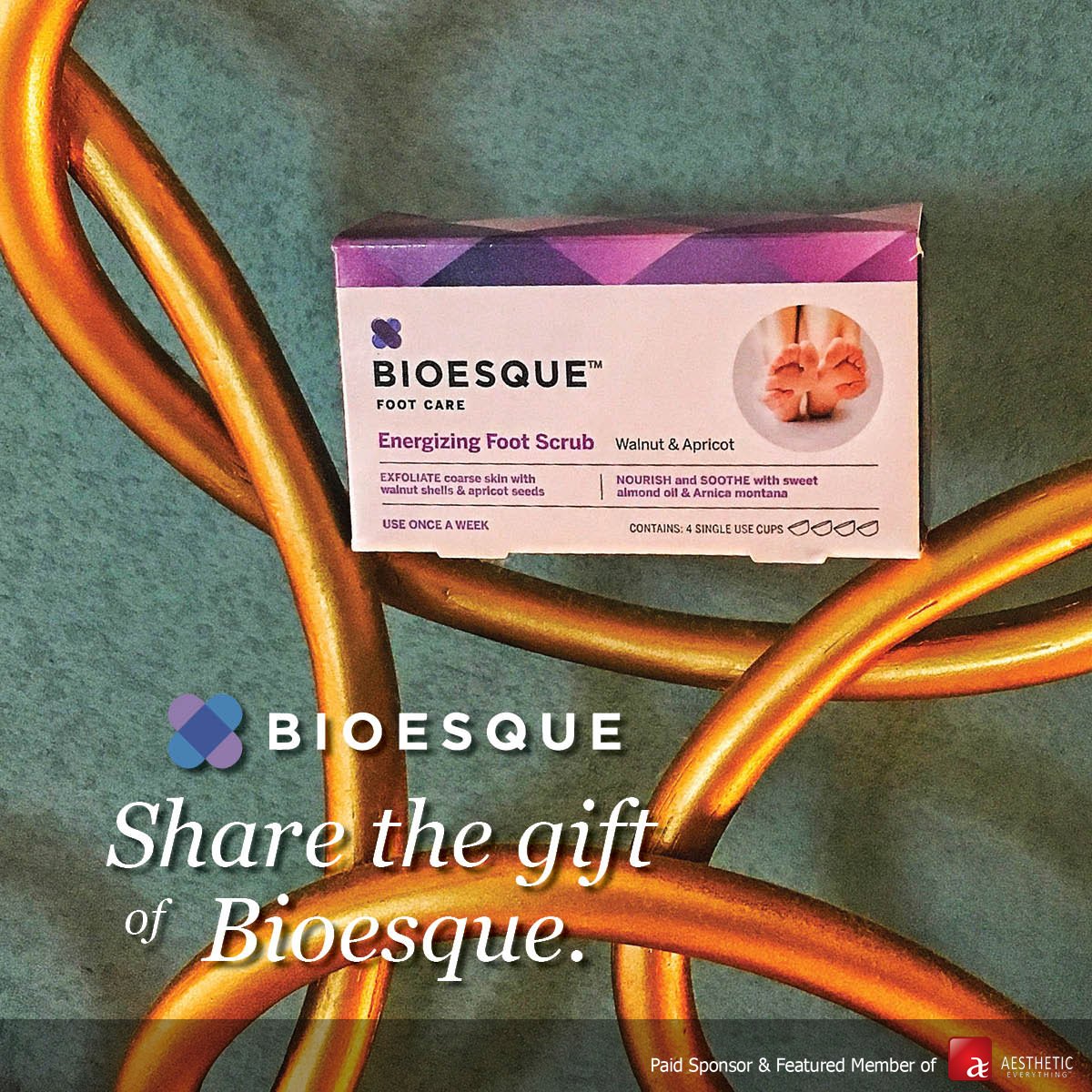 AestheticEvExpo's tweet photo. Share the gift of @Bioesque. Save $2 on Energizing Foot Scrub at https://t.co/WZrBfuK0JQ. #Bioesque #SkinCare #FootScrub #plasticsurgery https://t.co/iBSy3DuCT9