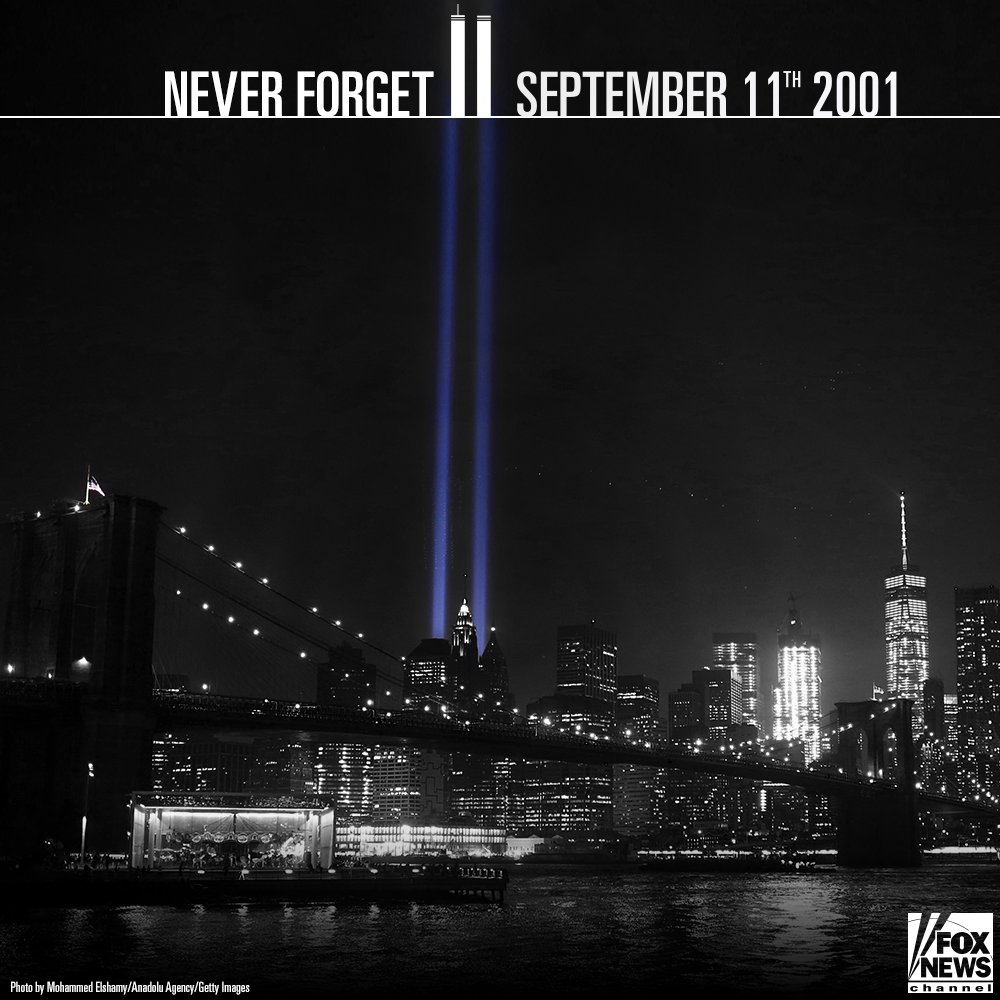 FoxNews's tweet photo. Remembering the victims of the 9/11 terror attacks. #NeverForget https://t.co/V4k9PfsAgN