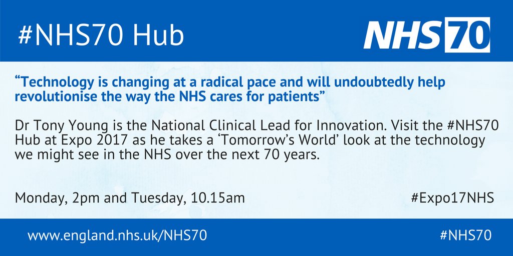 ConfedExpo's tweet image. 2-2.45pm @DrTonyYoung @NHS_Innovation sessionwith a ‘Tomorrow’s World’ look at technology we might see over the next 70 years.
#Expo17NHS