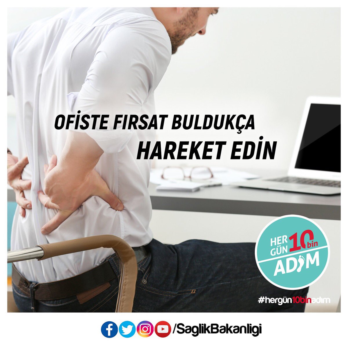 saglikbakanligi's tweet photo. Ofiste uzun süre oturarak çalışmak kas ve kemik hastalıklarına neden olabilir. Fırsat buldukça hareket edin. #HerGün10BinAdım https://t.co/M63ce9ms19