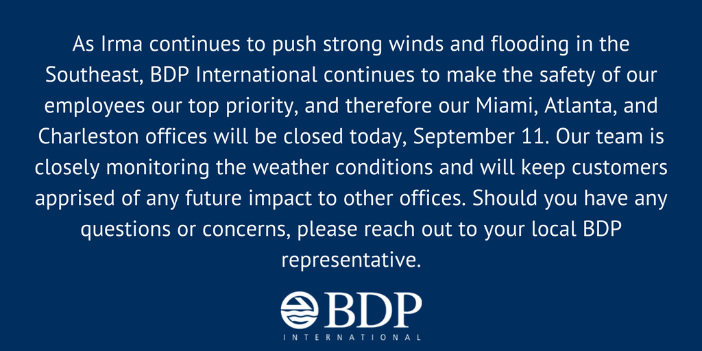 PSABDPWorld's tweet photo. #Irma update: https://t.co/mbfdmsQVL4 Our thoughts & prayers are with our Miami, Atlanta & Charleston teams #OneBDP https://t.co/KXq7qCCNKf