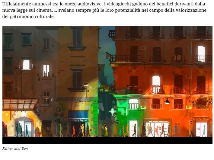 I #videogiochi dichiarati prodotto artistico e culturale in Italia. <a href="/TuoMuseo/">TuoMuseo</a> ha aperto la strada <a href="/FatherandSonVG/">Father and Son</a> 
bit.ly/2xRtfKU