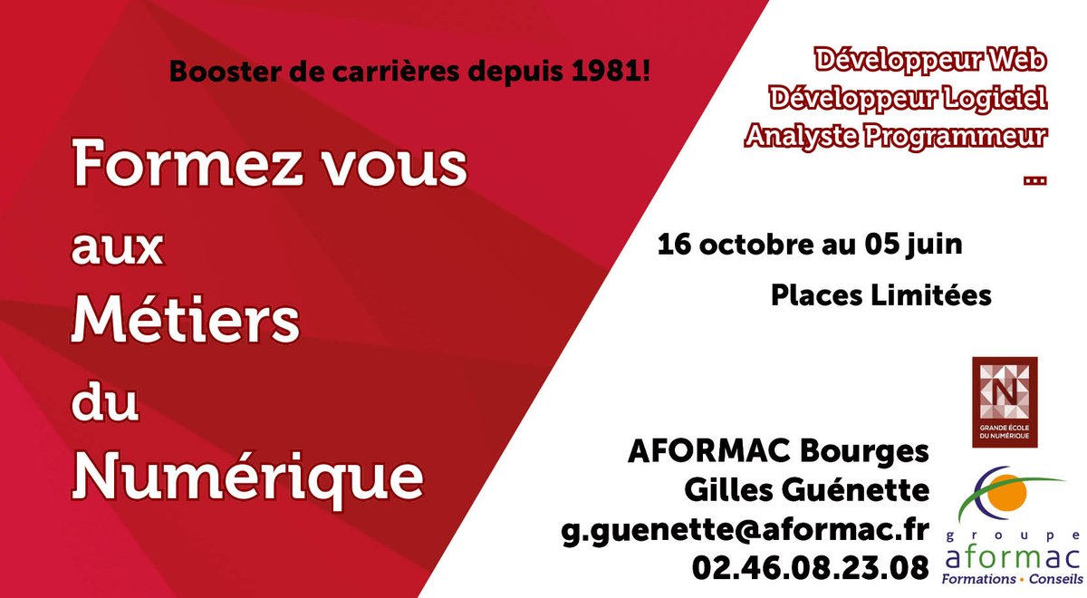 GroupeAFORMAC's tweet photo. Vous voulez devenir Développeur Web? Ne cherchez plus!
AFORMAC à Bourges : 02.48.08.23.08
#formation #Coders https://t.co/DTIUFPeW4V