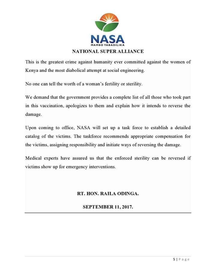 RailaOdinga's tweet photo. (2/2) My statement on the State-sponsored mass sterilization programme that was sold to the country as Tetanus vaccination: https://t.co/4PP6gwbmpM