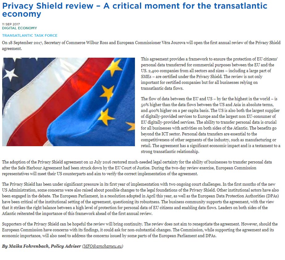 "A critical moment for the #transatlantic economy"- AmCham EU's Maika Fohrenbach on the importance of the upcoming #PrivacyShield review.