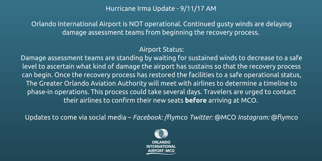 MCO's tweet image. Hurricane #Irma Update - 9/11/17 AM
No scheduled flights today at MCO &amp;amp; teams standing-by to assess damage. Stay tuned for more updates.