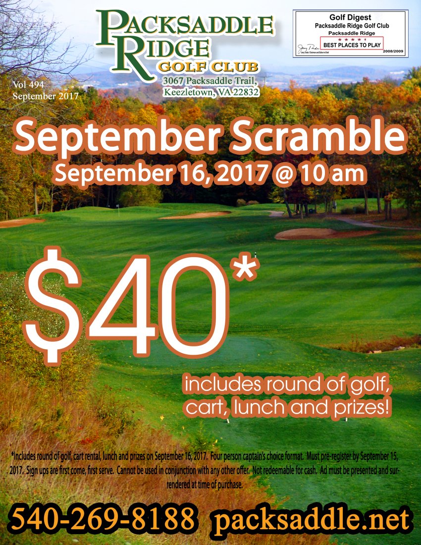 PacksaddleGolf's tweet photo. Still 6 team slots available for this Saturday's September Scramble (9/16)  at 10 AM.  Call the pro shop to enter your team 540-269-8188 https://t.co/SzflbW5nPd