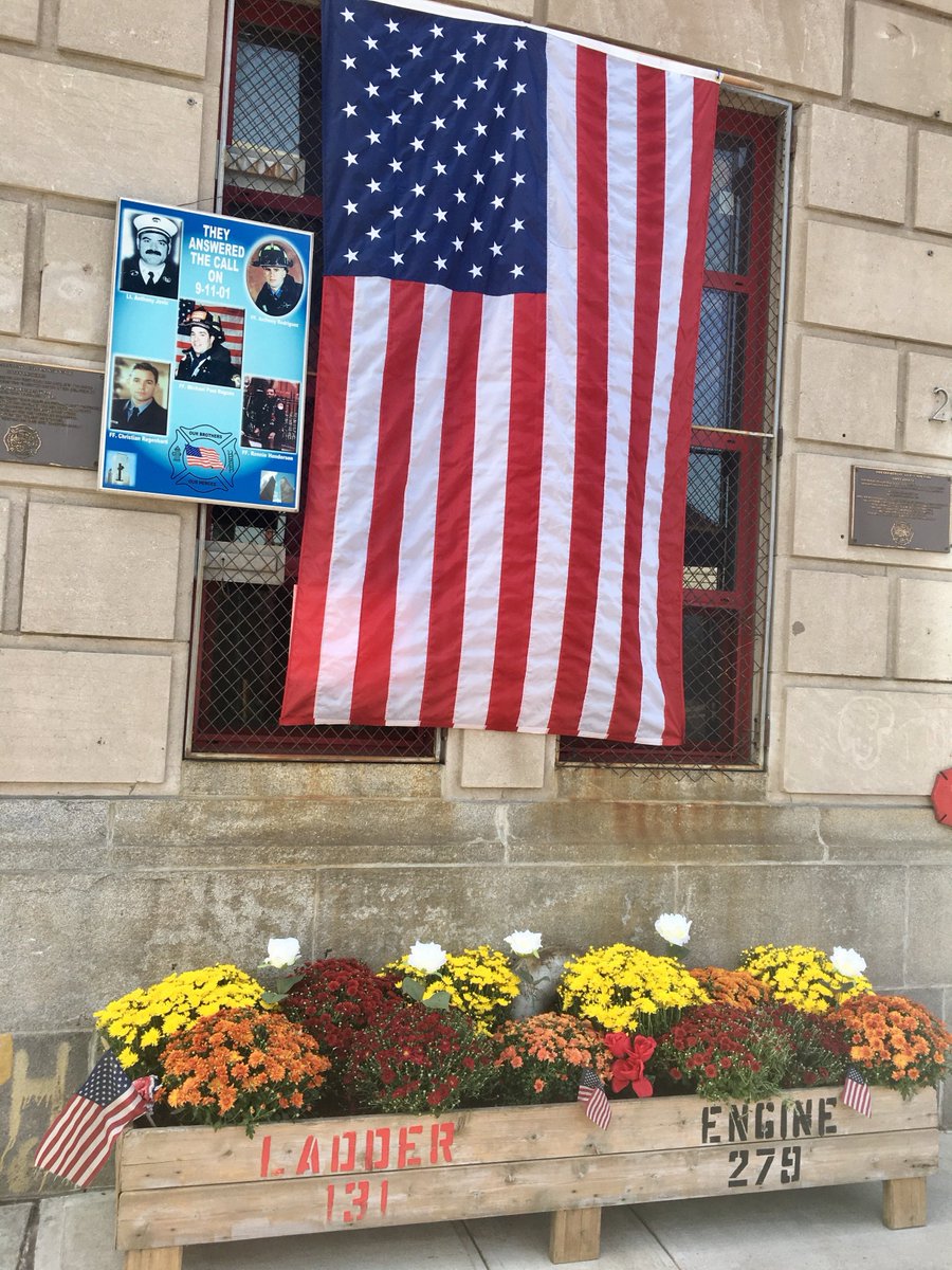 FDNY's tweet photo. Those who made the Supreme Sacrifice 16 yrs ago are remembered at #FDNY #Engine279 and #Ladder131  #NeverForget https://t.co/ThAunwrAZY