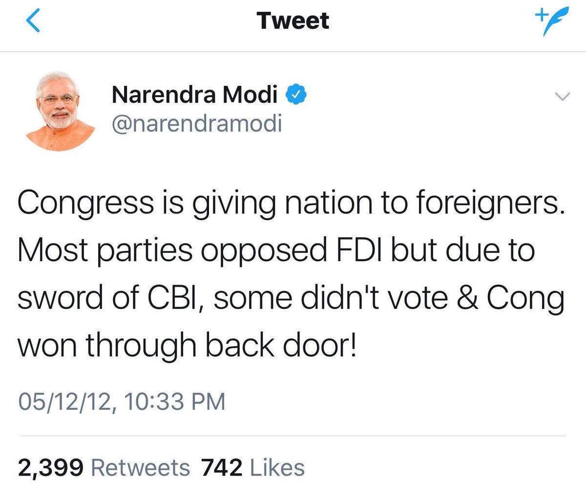  #RandomThoughts 10. What changed between 2012 & now ?? Hope - Someone from  @BJP4India answers this Flip flop on  #FDI ?? 