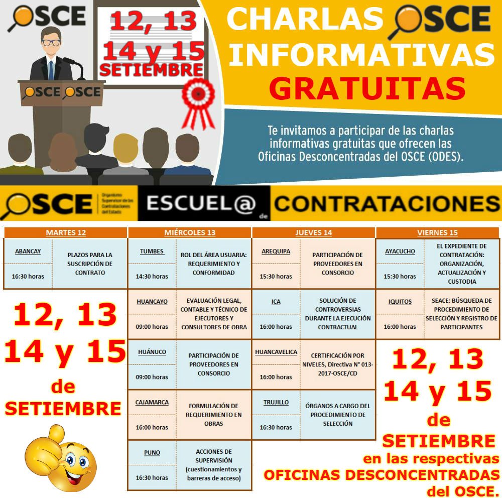 escuelaOSCE's tweet image. 12,13, 14 y 15 SETIEMBRE
Te invitamos a participar #CHARLAS #OSCEPerú
CERTIFICACIÓN POR NIVELES, SEACE, ÁREA USUARIA, OBRAS, SUPERVISIONES