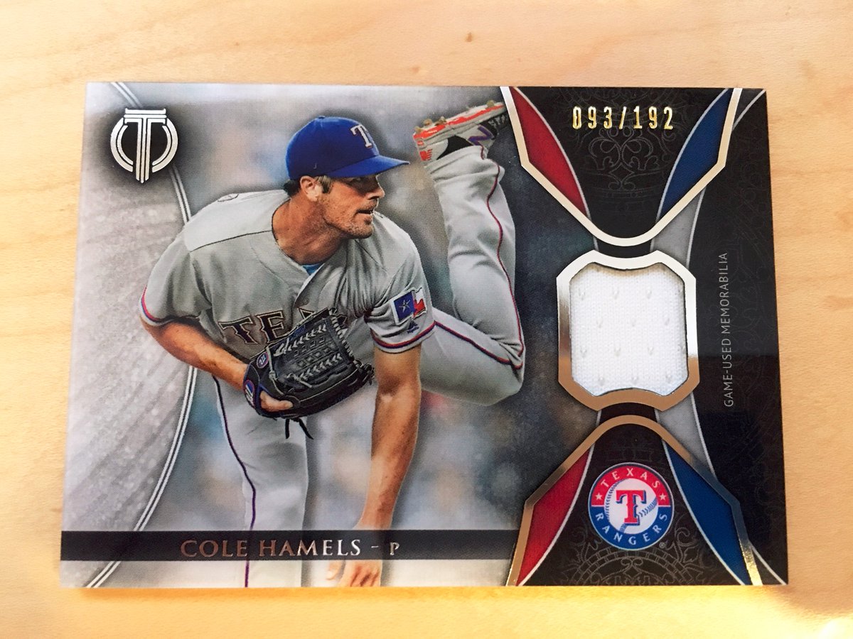 MLB's tweet photo. .@ColeHamels takes the hill for the @Rangers tonight. 
   
Want his card? RT this for a chance to win this Topps Tribute relic. https://t.co/EYH55TgmN8