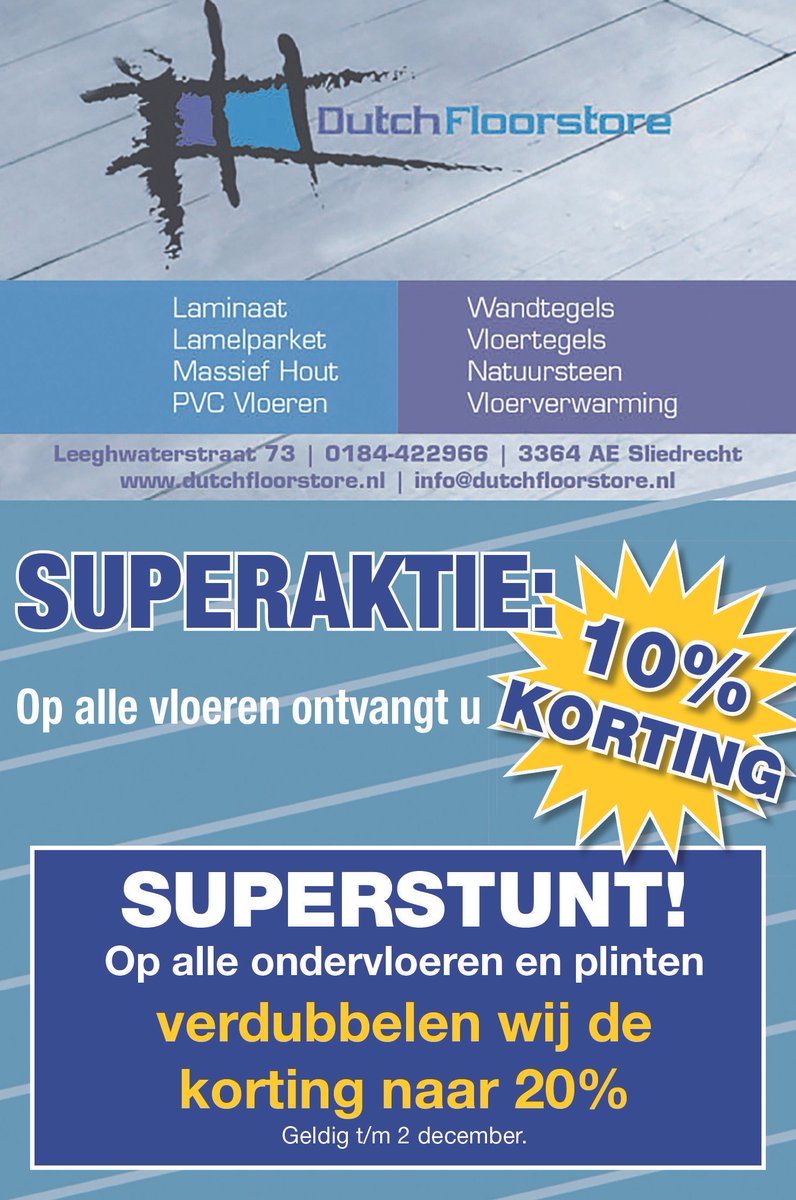 Sliedrecht24's tweet photo. (Advertorial)
Welke vloer je ook zoekt! 
Bij @DutchFloorstore slaag je altijd #Korting #Allevloeren https://t.co/Lgdy14UND0