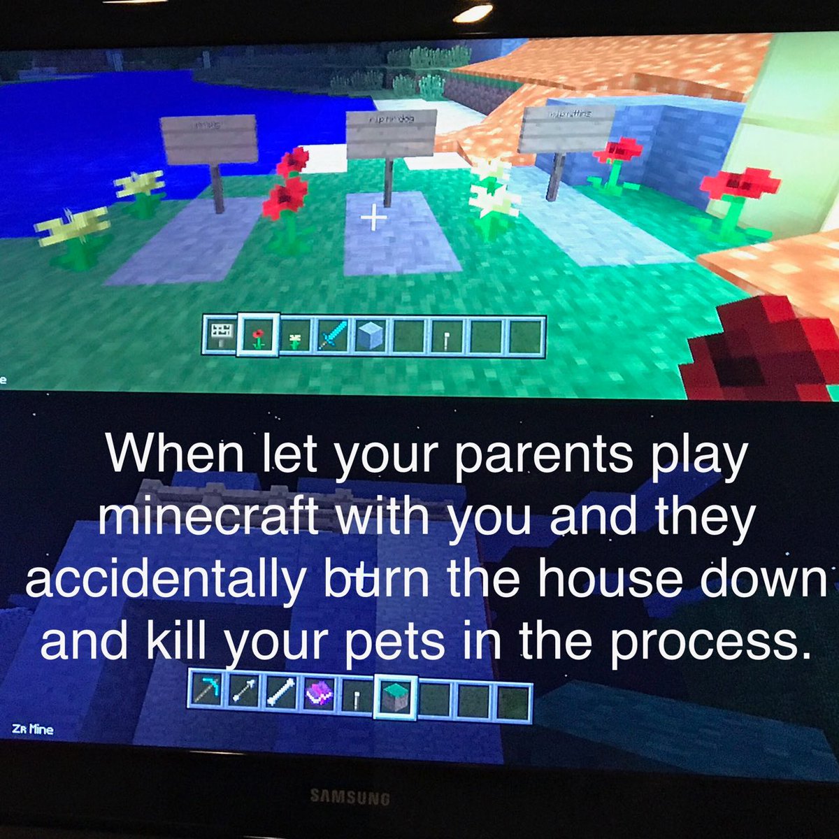 anjellejeanne's tweet image. When your parent plays #Minecraft with you and they accidentally burn the house down and kill all your pets in the process... #MinecraftFail