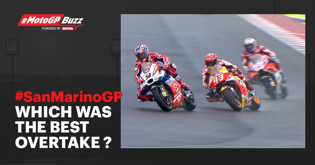 MotoGP's tweet photo. #Overtake2: #DP9 vs #MM93

The best #MotoGPBuzz overtake of the #SanMarinoGP?

Watch, vote, and share!
@motul 👉 https://t.co/WKMSxseA9w https://t.co/8tbXTloYHm