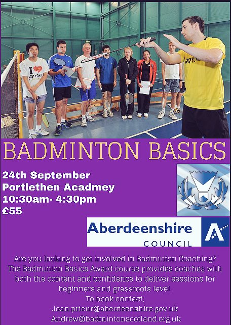 Badminton Basics Course
24/09/17
Portlethen Academy
10:30-16:30
Book now! 🏸🏸🏸
#BadmintonBasics #CoachingJourney