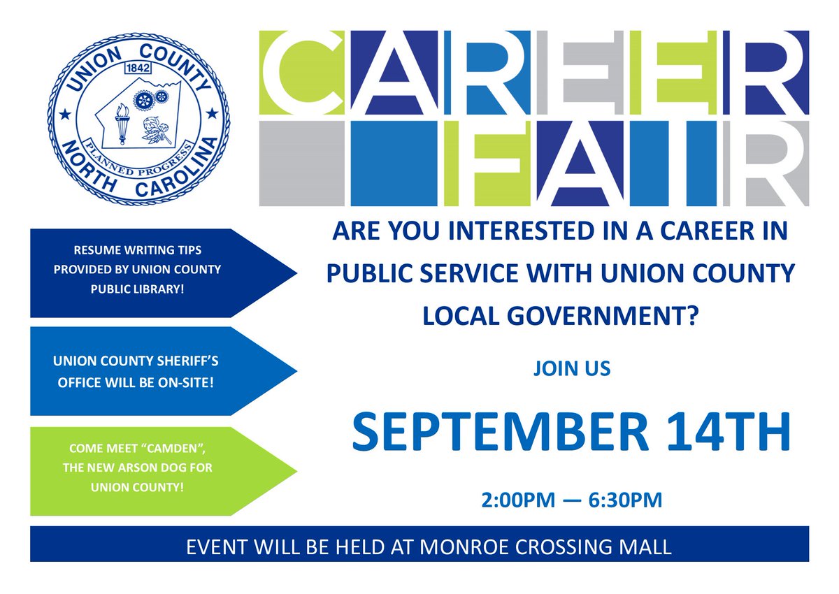 UnionCountyNC's tweet photo. We are two days away from the Union County career Fair. Get your resumes ready. #careerfair #workforunioncounty #unioncountyjobs https://t.co/hazIWkYjil