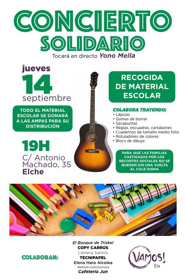 No te pierdas el concierto solidario el próximo jueves.Puedes colaborar con material escolar que donaremos a las AMPAS para su distribución.