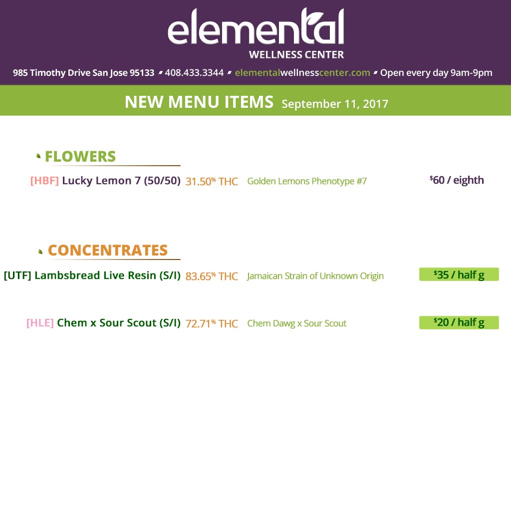 Elemental2009's tweet photo. MENU UPDATE >> #LuckyLemon7 in @ 32% #THC ππ° + #UtopiaFarms #Lambsbread #LiveResin in @ 84% #THC ππ #elementalupdate https://t.co/p8tbuWezPV