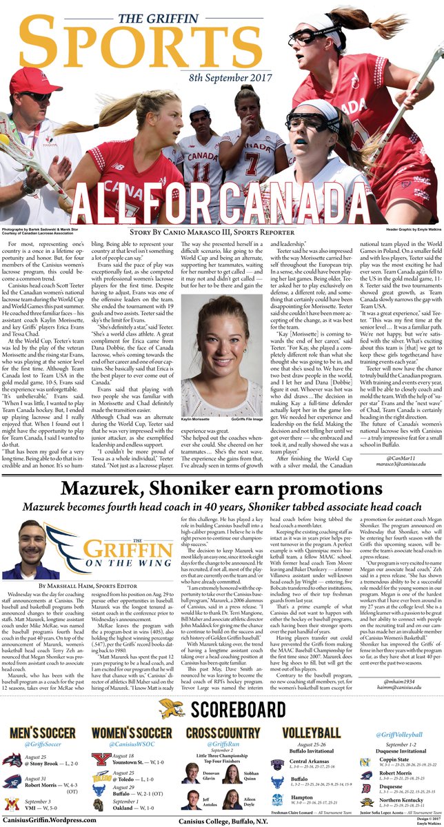 EmyleWatkins's tweet image. Excited to introduce a redesign to @CanisiusGriffin Sports! If you haven't already, make sure to pick up Friday's edition. #LayoutLife