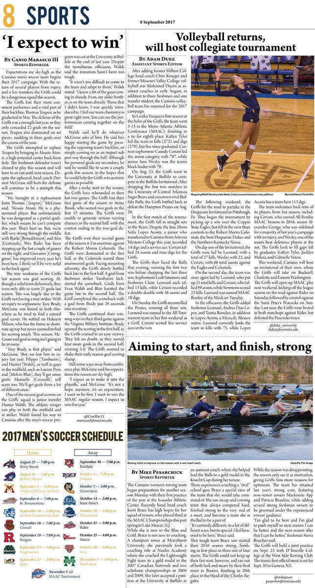 EmyleWatkins's tweet image. Excited to introduce a redesign to @CanisiusGriffin Sports! If you haven't already, make sure to pick up Friday's edition. #LayoutLife