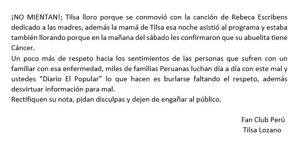 TilsaLozanoFans's tweet photo. @elpopular_pe @tililozano @ELGRANSHOW_Peru La mamá de Tilsa esa noche asistió al prog y estaba también llorando xq en la mañana del sábado les confirmaron q su abuelita tiene Cáncer. https://t.co/5LCjx7h0Wq
